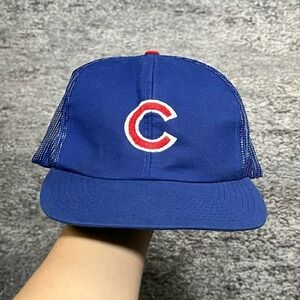 Vtg Chicago Cubs Trucker Hat Snap Back Embroidered 80s 90s Twins Blue Red